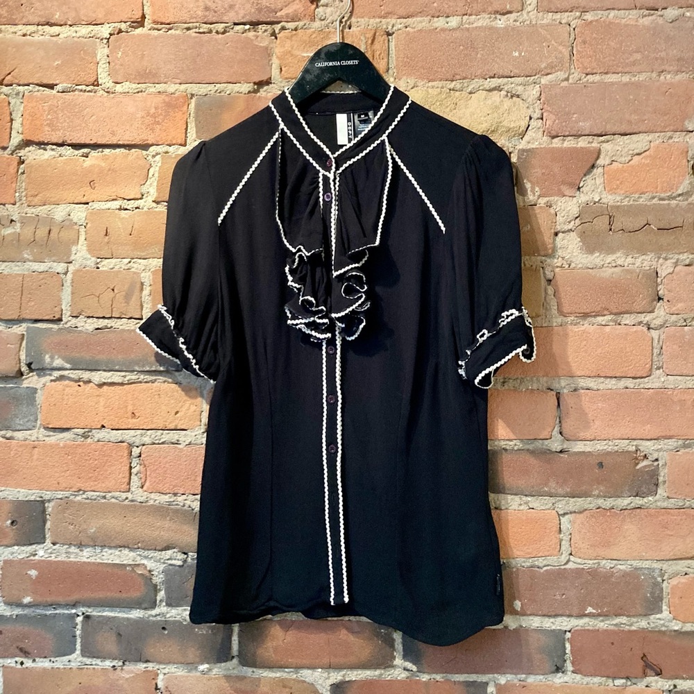Black Short-Sleeve, Button Women's Blouse with White piping. Size: Medum
